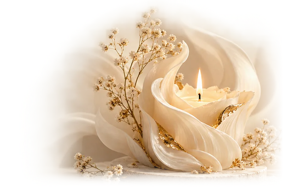 A sculpted flower candle, lit, among dried gypsophila