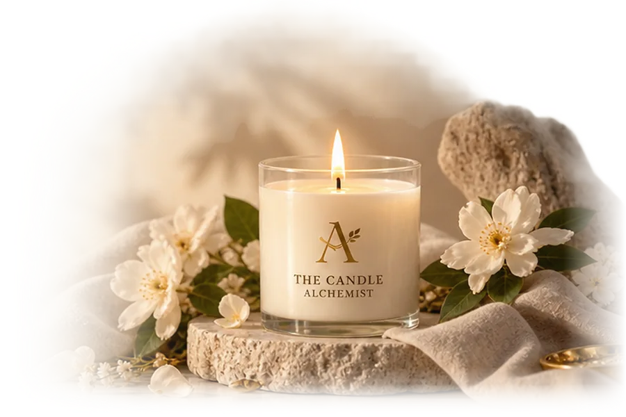 A branded glass candle on a stone dish