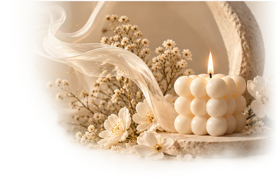A bubble cube candle beside white blossom
