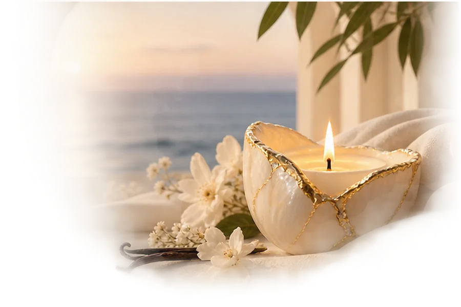 A gold-edged lotus candle, lit