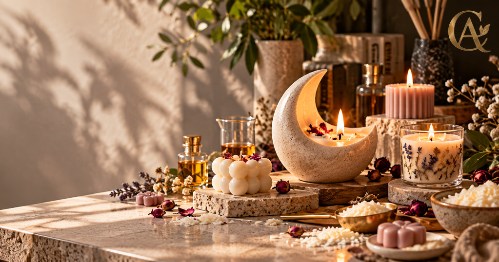 Artisan candle displayed in a warm botanical home setting with candle-making tools and natural textures